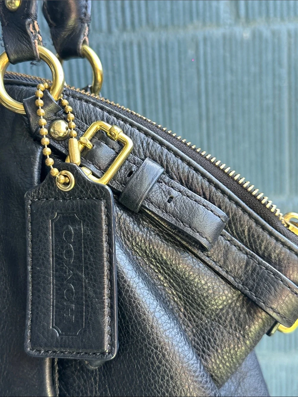 Coach Black Pebbled Leather Shoulder Bag with Gold Accents
